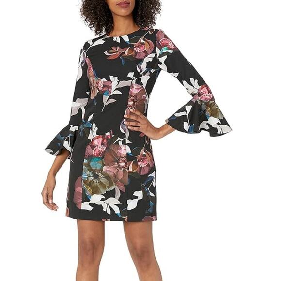 Trina Turk Panache 2 Faye Black Floral Flounce Bell Sleeve Cocktail Shift Dress - Picture 1 of 13